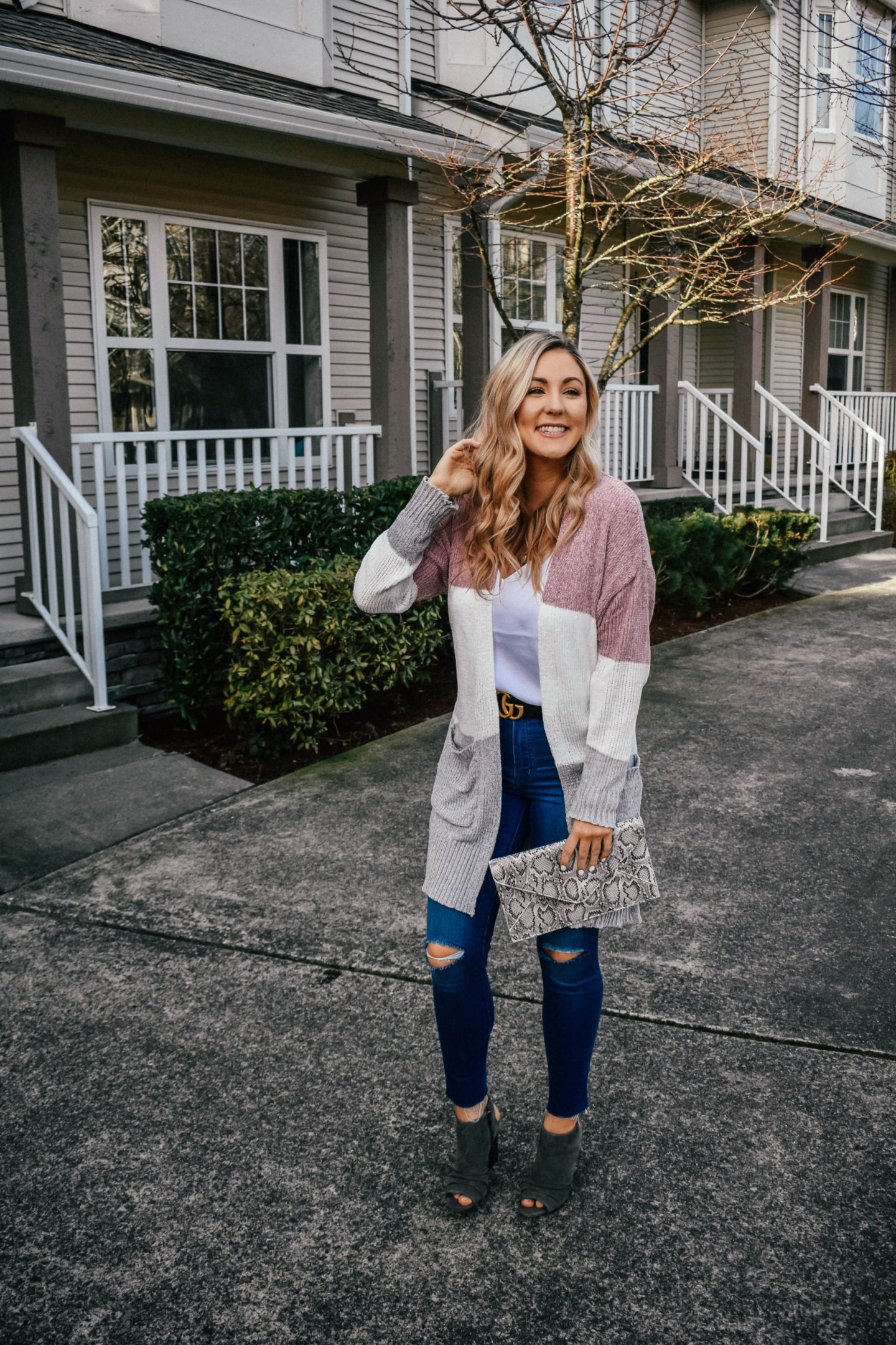 Color Blocked Cardigan + Snakeskin Clutch