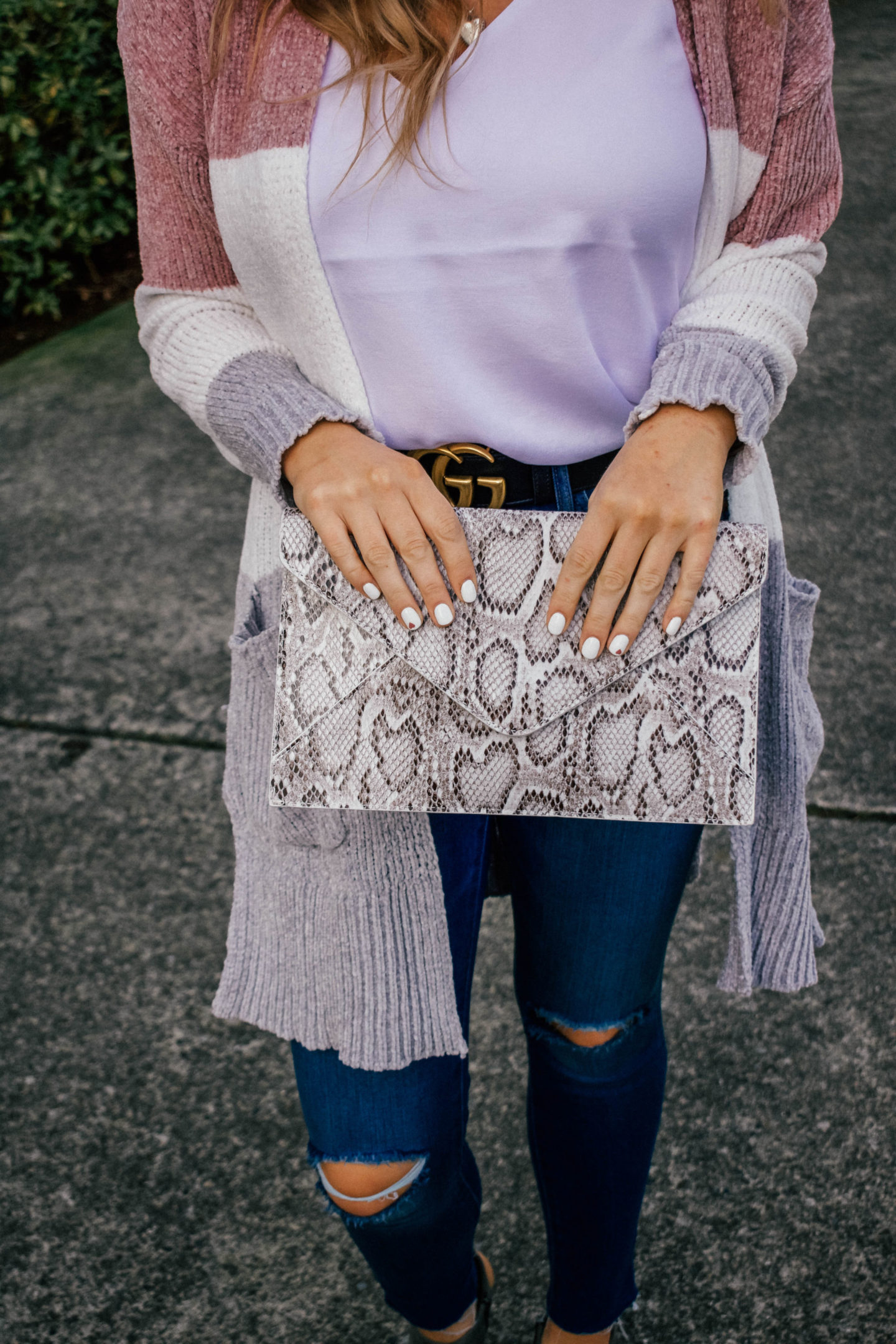 Color Blocked Cardigan + Snakeskin Clutch